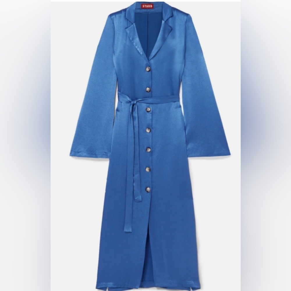 STAUD Royal Blue Satin Dress with Long-Sleeves Bell Sleeves Size M Modest Dress
